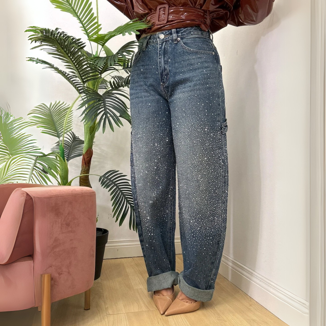 FELINA | BLAUE HIGH-WAIST-JEANS MIT STRASSDETAILS